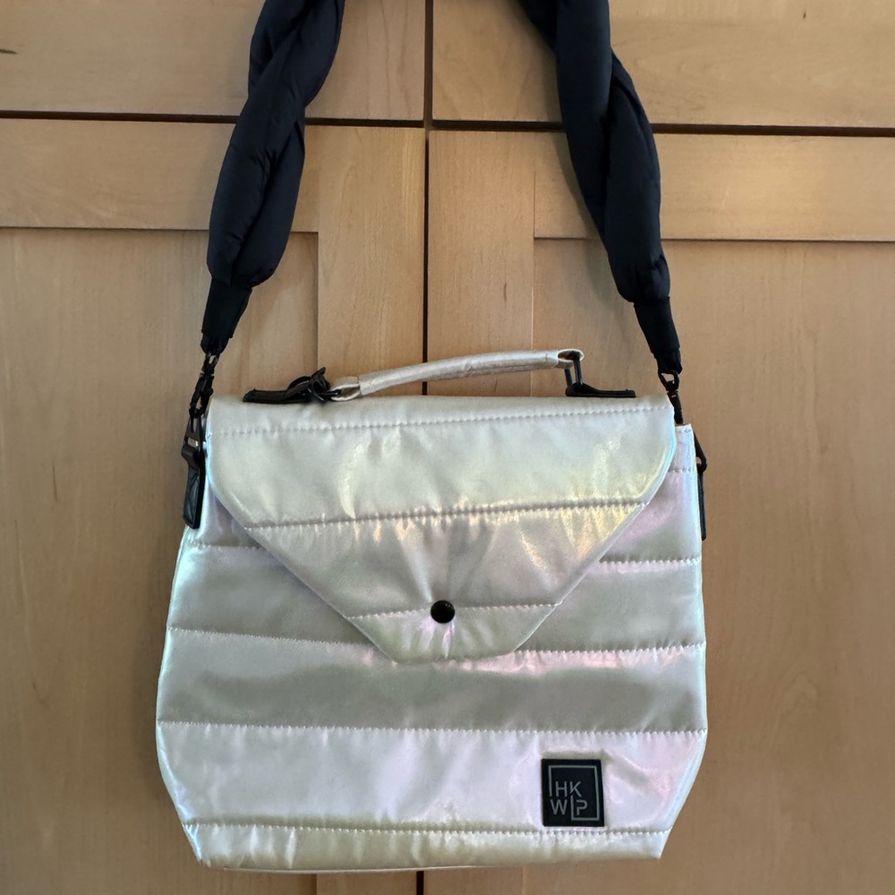 IHKWP by Shawn Killinger Iridescent White Quilted Shoulder Bag Black Puff Strap